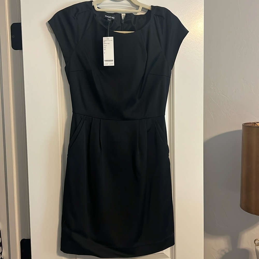 NWT Black Satin Bebe Dress, Size 2, With Pockets